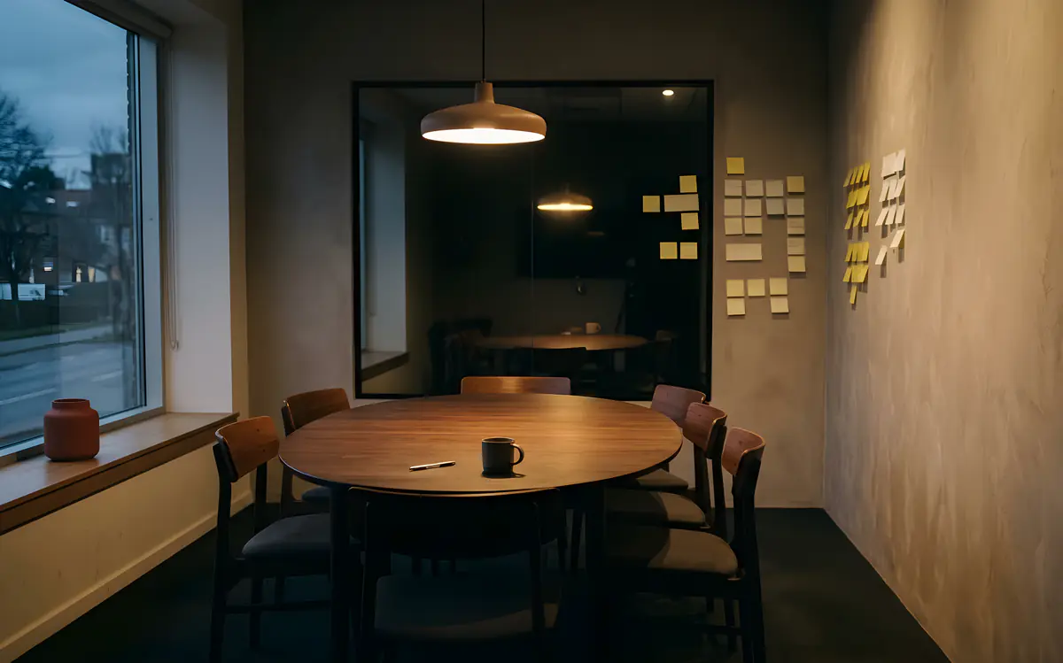 An empty focus-group room at dusk with sticky notes on the wall