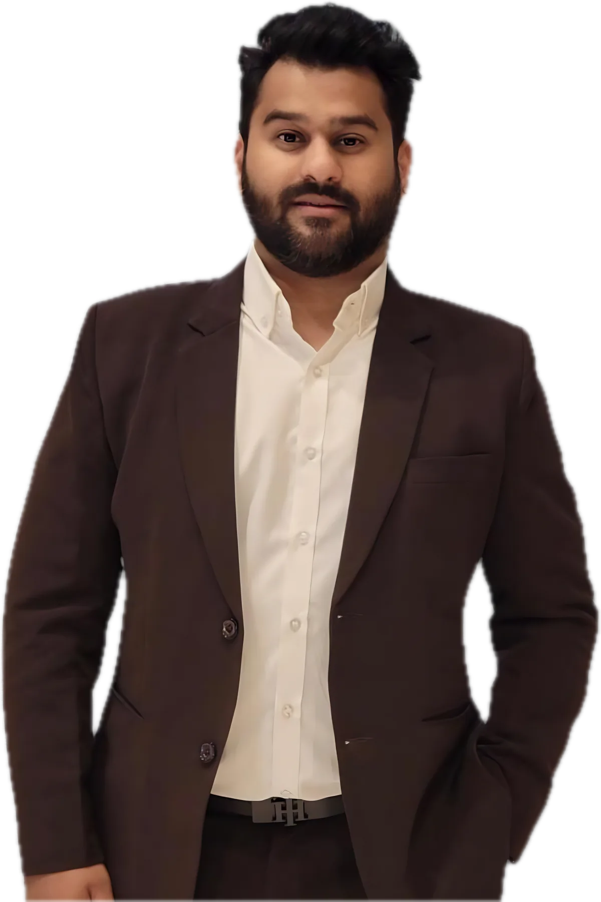 Kaustubh Khandelwal in a dark brown suit and white shirt